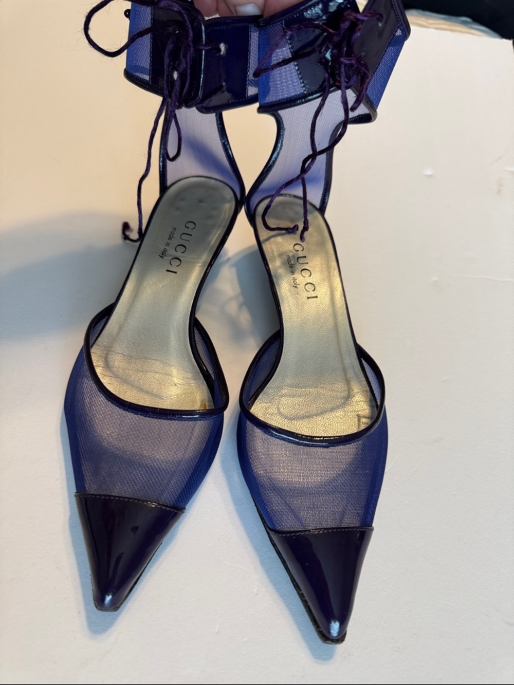 Gucci Purple Mesh Pointed-Toe Lace-Up Heels with Patent Caps